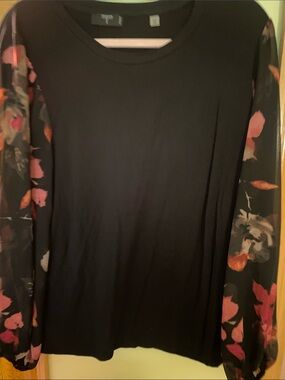 Tahari Black Top with Floral Print Sheer Sleeves